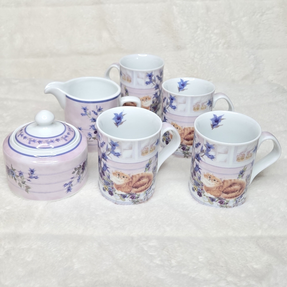 Vintage Valerie Pfeiffer 2000 Orange Cat  Floral Country Mug Set‎ , Porcelain